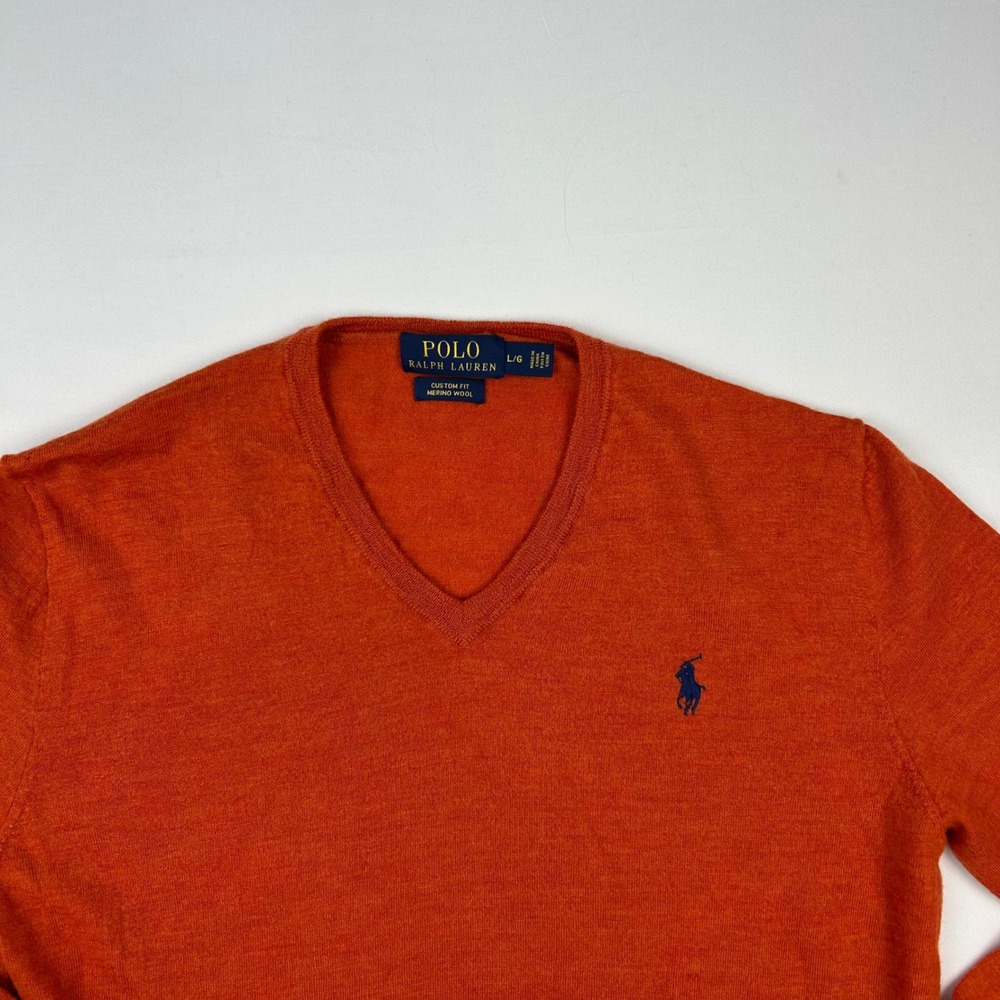 Polo Ralph Lauren Mens Orange Merino Wool V-Neck Sweater Custom‎ Fit Large L/G - Picture 2 of 11